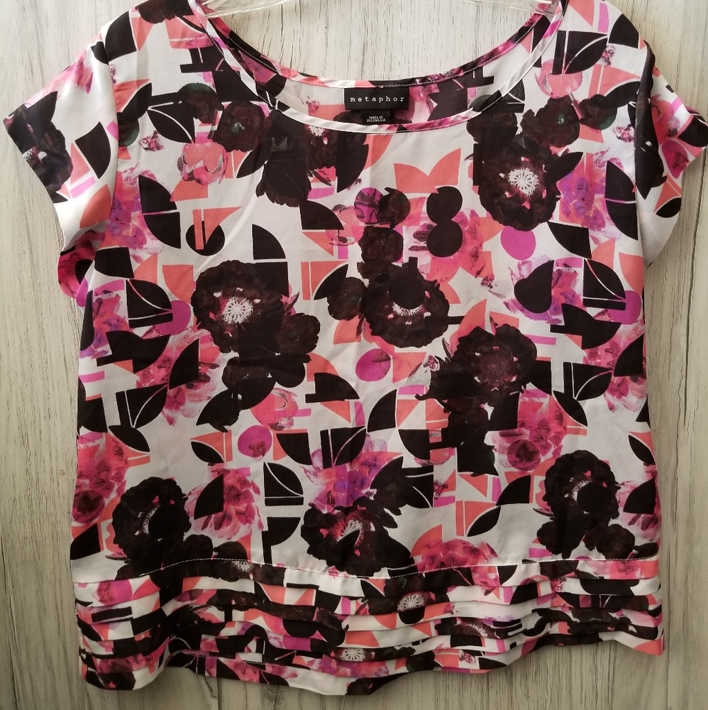 Metaphor Lightweight Floral Semi Sheer Pullover Blouse Women's Sz L Pleated Hem